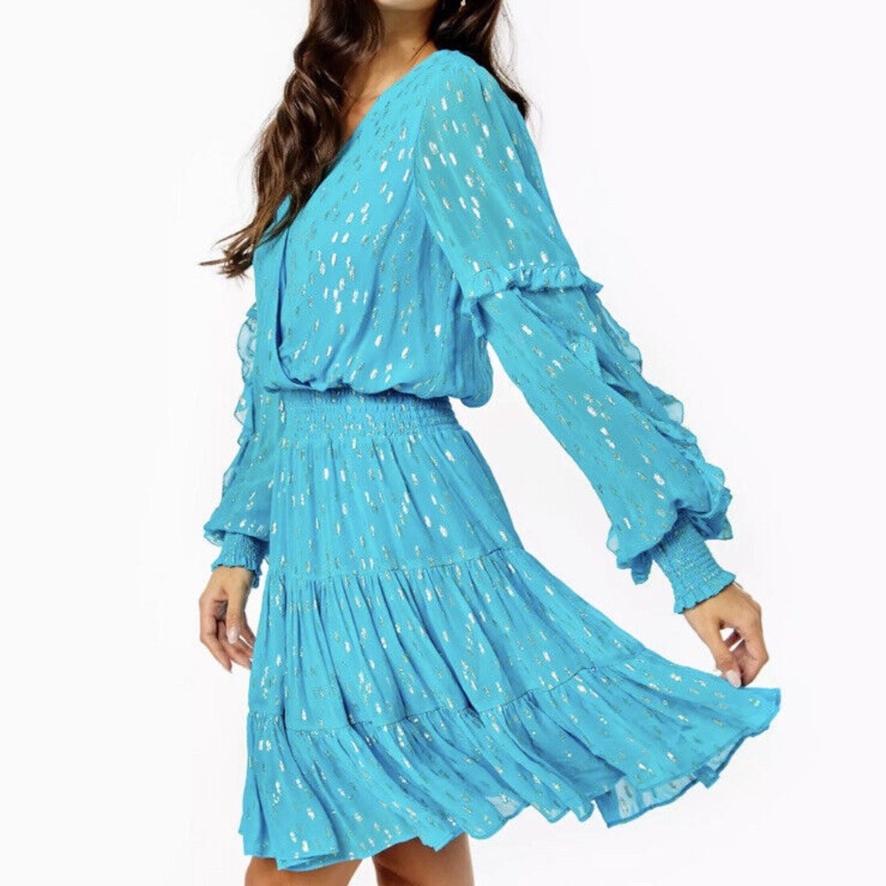 NWT Lilly Pulitzer “Heline  Ruffle Dress” Turquoise with Silver Detailing